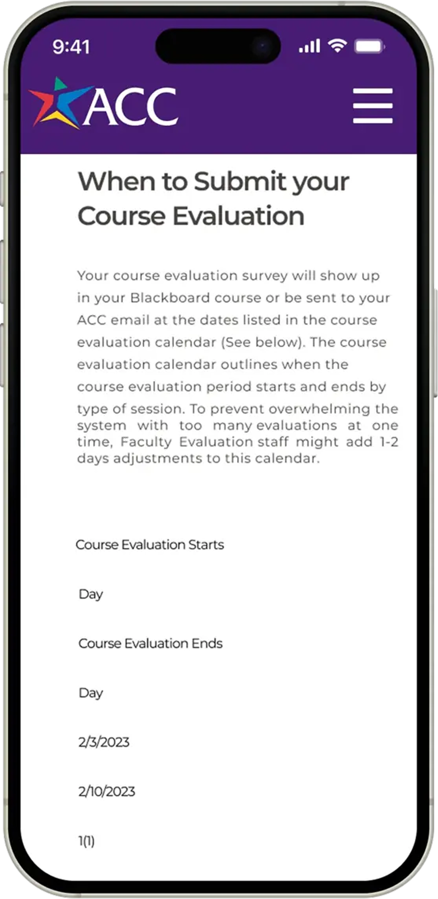 Before interface showing the original course evaluation dates page