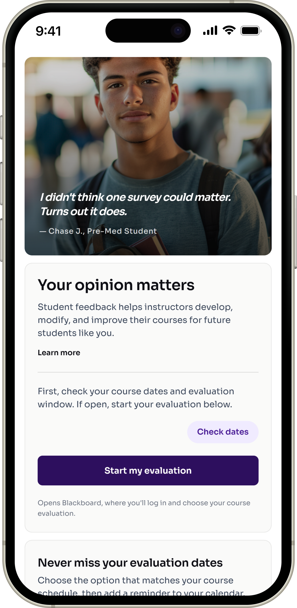 Mobile screen from the redesigned ACC course evaluation guide