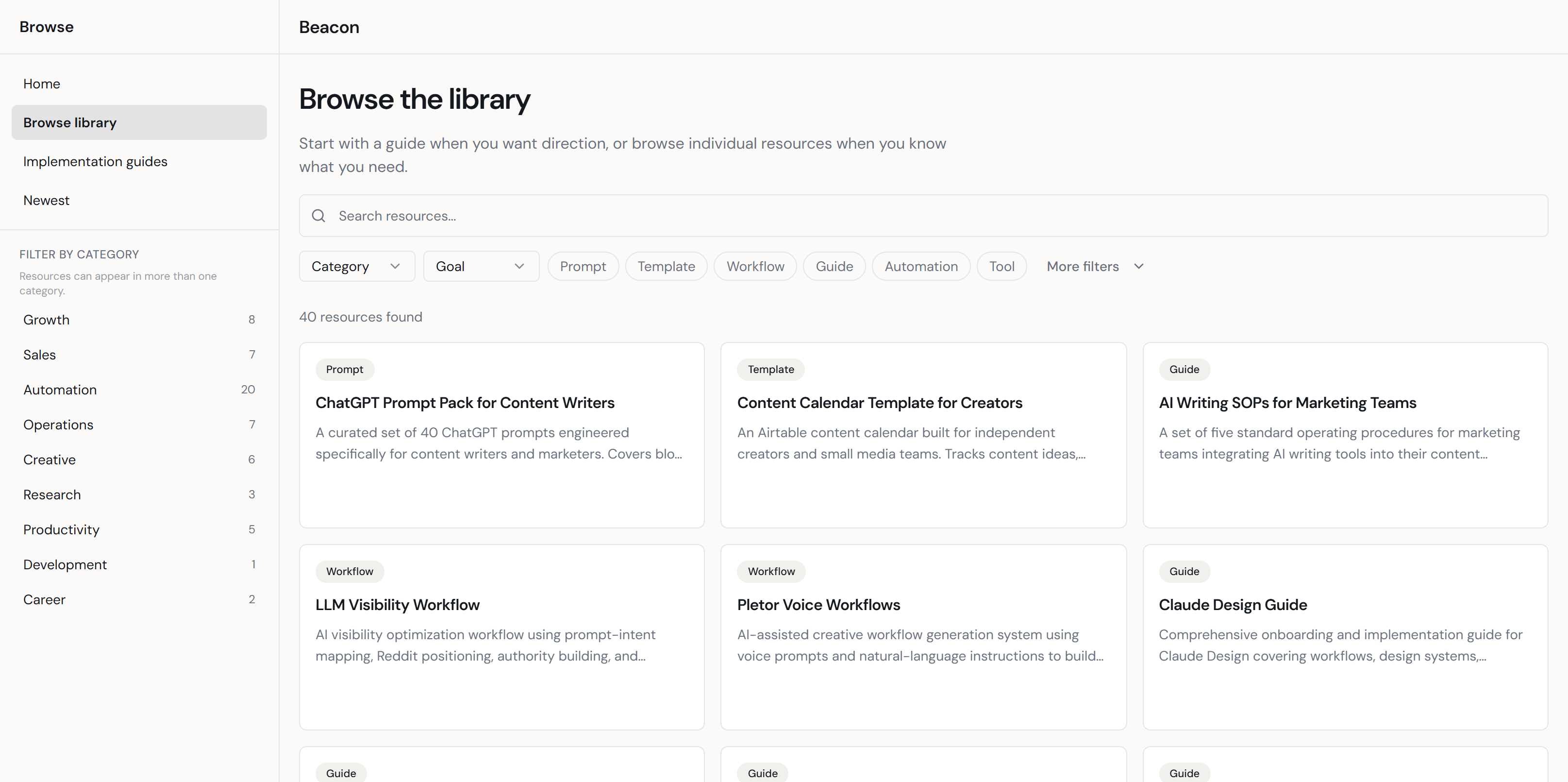 Beacon browse library showing the V1 resource listing concept with sidebar category navigation, full resource grid, and search