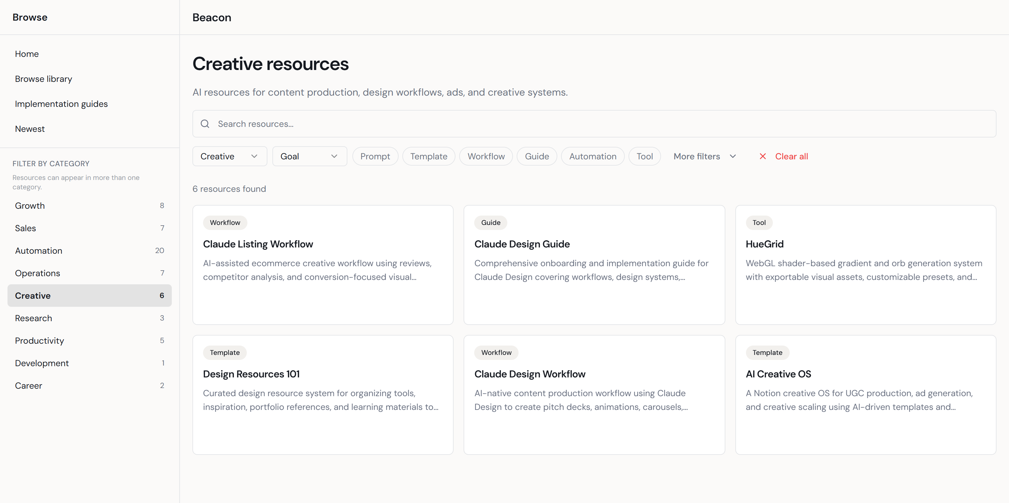 Beacon browse library with the Creative category selected in the left sidebar. The sidebar shows all available categories with resource counts. The center panel displays only resources matching Creative. The active filter is highlighted. The full browse interface is visible without cropping.