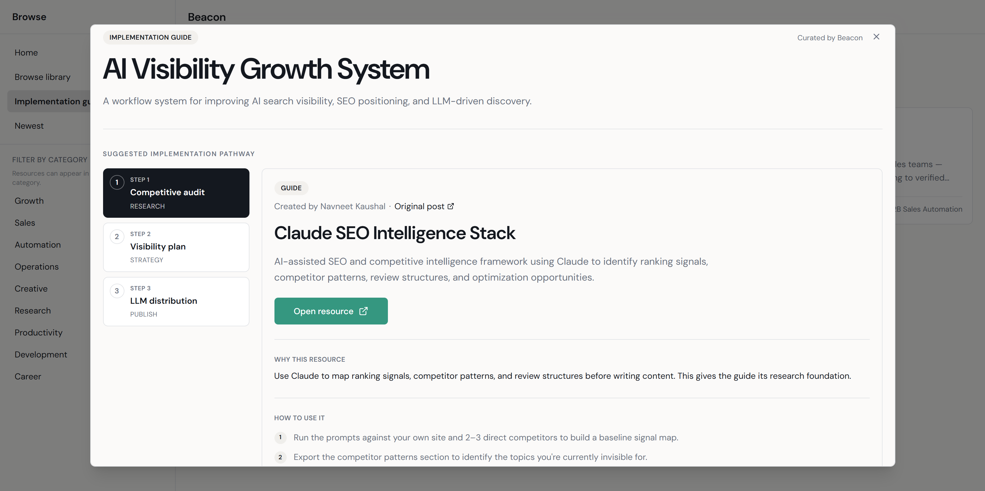 Implementation guide modal showing step-by-step workflow instructions for an AI resource, including what it does, what it supports, and how to integrate it into a practical workflow