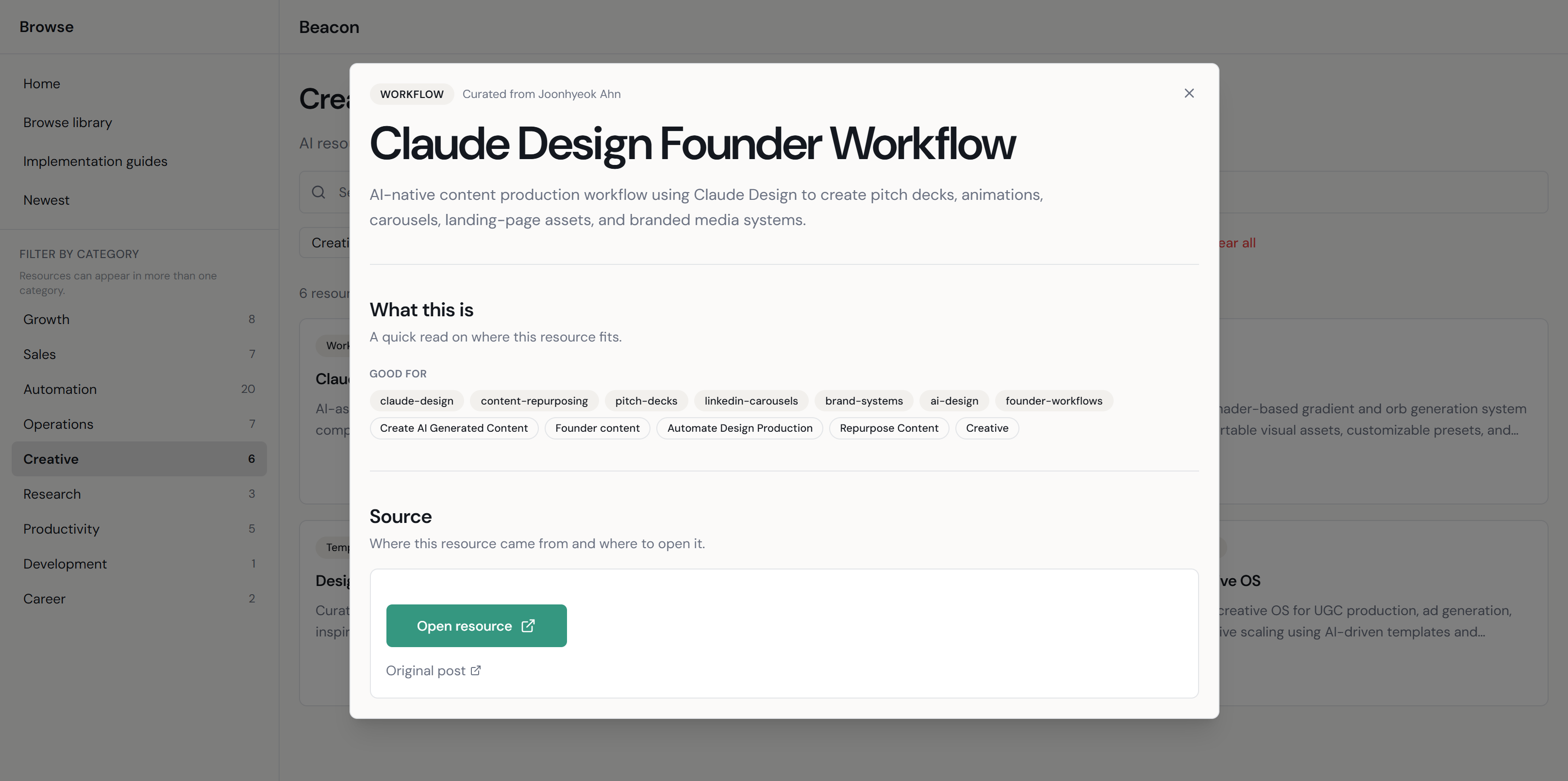 Resource detail modal showing description, use case, and a link to the implementation guide for a selected AI resource