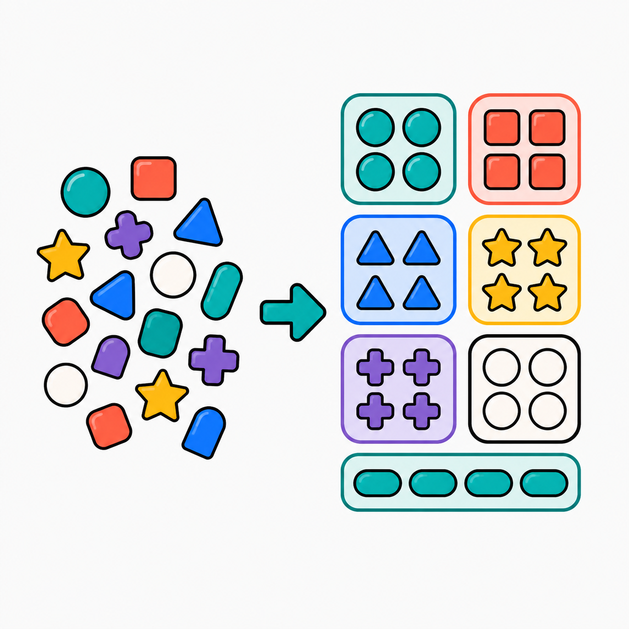 Mixed shapes being sorted into organized groups